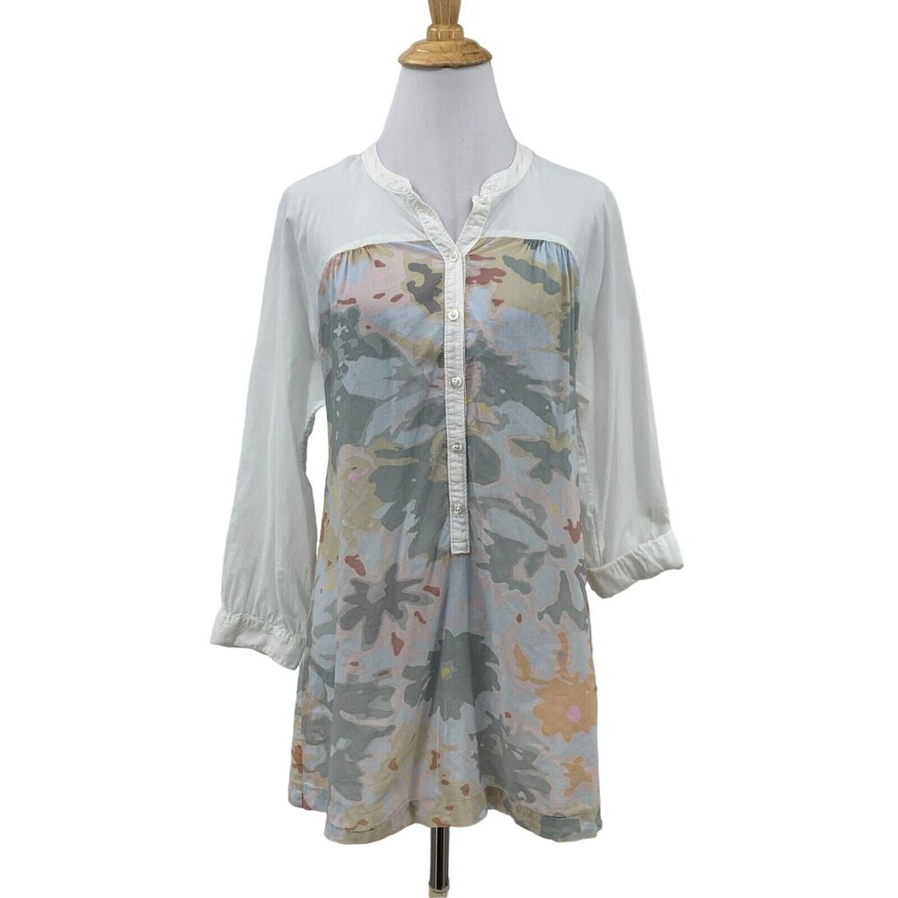 Odille Tunic Top Womens 4 White Floral Paneled Tab Sleeve Lightweight Blouse